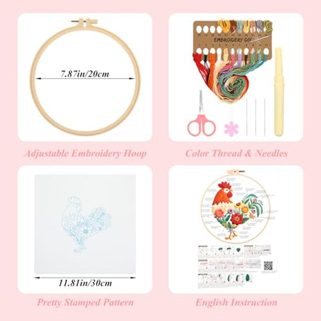 ElevateTech Funny Animal Embroidery Kits for Beginners Adults Cross Stitch Kits with Rooster and Flower Pattern DIY Needlepoint Starter Kit with Embroidery Cloth Hoops Threads for Craft Lover ElevateTech