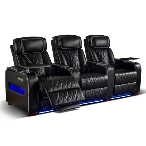 GUEAPY Power Reclining Sofa Home Theater Seating with Adjustable Headrest, Breathable Leather Electric Recliner with LED Lighting, Cup Holders, USB Charging & Tray Table