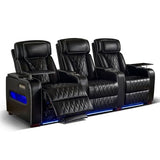 GUEAPY Power Reclining Sofa Home Theater Seating with Adjustable Headrest, Breathable Leather Electric Recliner with LED Lighting, Cup Holders, USB Charging & Tray Table