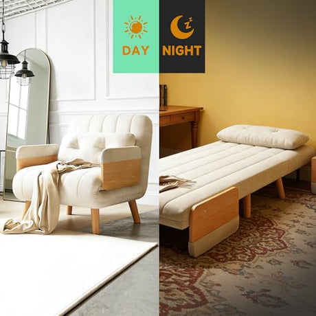 FLOCQISEM Convertible Chair Bed, Futon Sofa Bed Sleeper Chair with Solid Wood Leg and Storage Pocket, Linen Fabric Sofa Couch Guest Bed for Living Room, Bedroom, Office, Apartment (27.56) FLOCQISEM