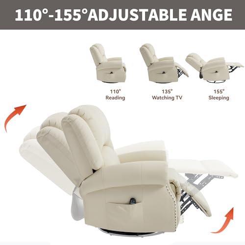 Montary Heavy Duty Manual Lift Recliner Chair with Heat Massage, Adjustable Footrest, Rocker & Swivel, Lay Flat Function in Breathable Leather Reclining Sofa Chair (White) Montary