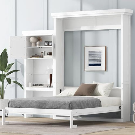 Merax Queen Size Wall Murphy Bed with Multiple Storage Shelves, Foldable Wood Platform Bedframe with Louvered Style Decoration for Guest Room Home Office,White Merax