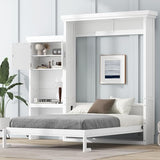 MERITLINE Queen Size Farmhouse Murphy Bed with Storage Cabinet and Shelves, Wooden Hidden Foldable Wall Bed Frame, Murphy Wall Bed Cabinet Queen for Adults, Space-Saving, White MERITLINE