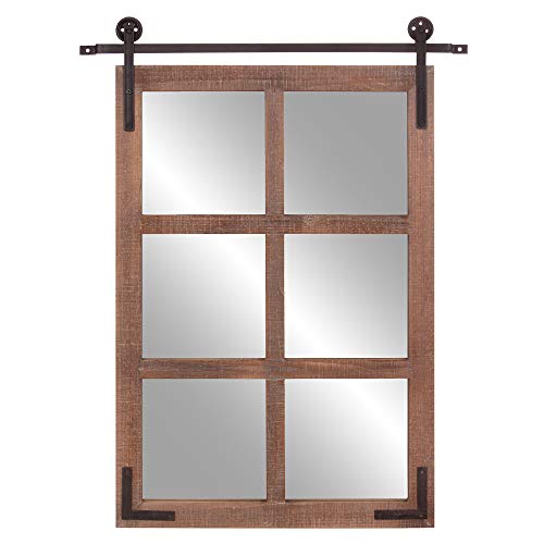 Patton Wall Decor 33x26 Sliding Barn Door Wood Window Wall Mirror, Brown - WoodArtSupply