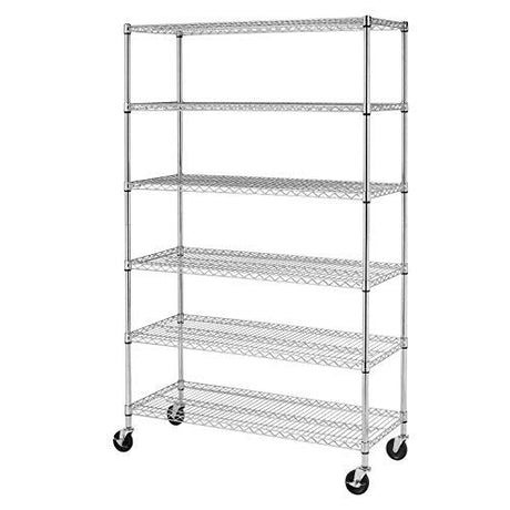 FDW 48 inch L×18 inch W×76 inch H Wire Shelving Unit Metal Shelf with 6 Tier Casters Adjustable Layer Rack Strong Steel for Restaurant Garage Pantry Kitchen Garage, Chrome FDW