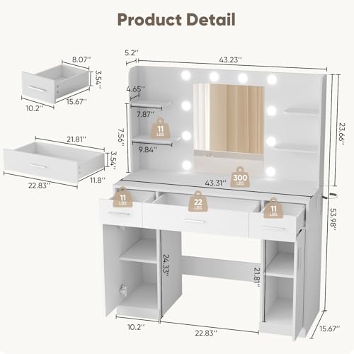 DUMOS Vanity Desk Makeup with Mirror LED Lights, White Table with Power Outlet 3 Drawer, 4 Storage Shelves & 2 Cabinets, 3 Lighting Modes & Adjustable Brightness, Dressing Tables for Bedroom DUMOS