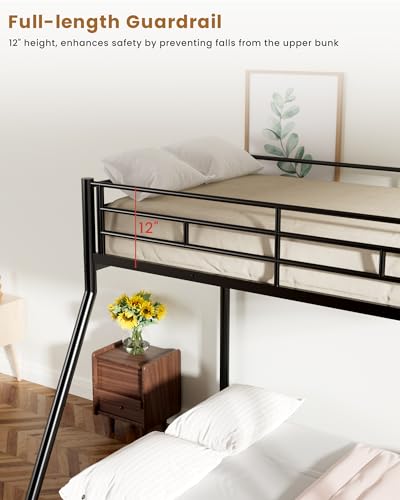 Mixcous Twin Over Full Bunk Bed for Adults & Kids, Heavy Duty Bunk Beds with EVA Padded Ladder and Full-Length Guardrails, Noise-Free Metal Bed Frame, Space-Saving Design, Black Mixcous