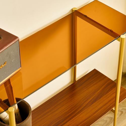 Saint Mossi 2-Tier Brown Console Table for Living Room, Modern Narrow Entryway Table, Glass Sofa Table for Hallway, Foyer, Corridor, Office, Brown Glass Top & Gold Frame, D41×H31xW13 SM Saint Mossi