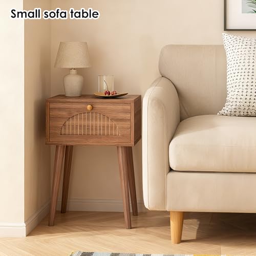 Fixwal Nightstands Set of 2 with Fluted Door, Small End Table with Solid Wood Feet for Bedroom Small Space, Modern Mid-Century Bedside Table, Natural Walnut, 13.8 x 10.6 x 21.3in Fixwal