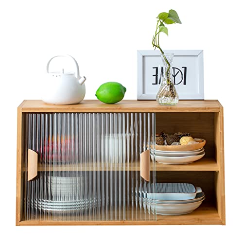 HollyHOME Small Bamboo Kitchen Pantry Sideboard with 2 Glass Doors and Adjustable Shelf, Freestanding Countertop Storage Cabinet for Bottles, Dish, Bowl, Console Dining Cupboard, Burlywood HollyHOME