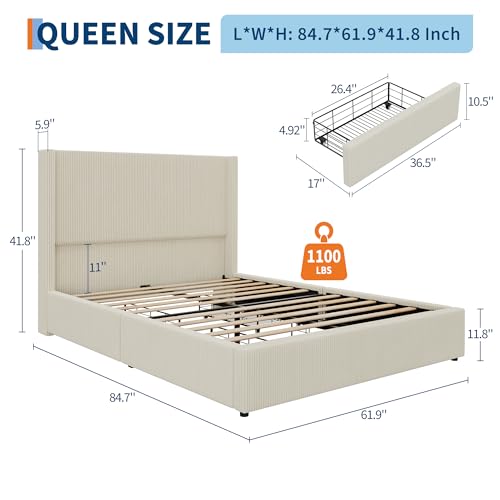GarveeHome Queen Size Bed Frame with Storage Drawers, Corduroy Upholstered Platform Bed with Wingback and Tufted Headboard, No Box Spring Needed, Beige GarveeHome