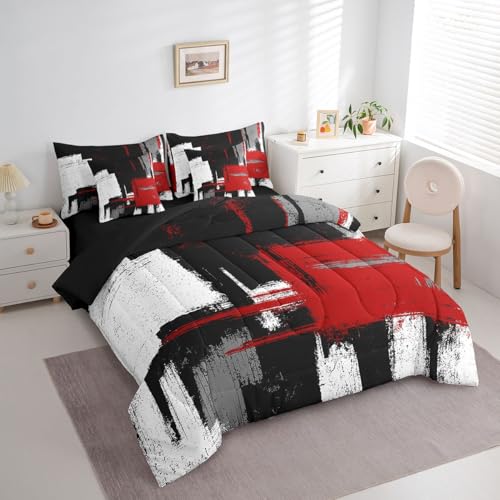 Red Black White 7 Piece Bedding Set Abstract Morden Comforter Set Full Size Buffalo Check Bed Set Includes Comforter, Sheet Set, Pillowcases & Pillow Covers Bedroom Decor Soft Microfiber Geometric Feelyou