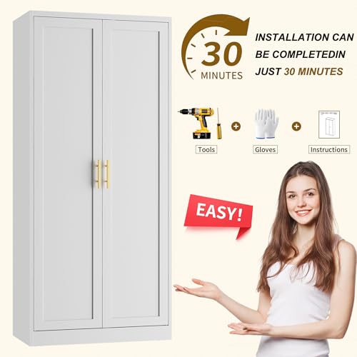 CJF White Kitchen Pantry Cabinet,71 Inch Tall Metal Storage Cabinet with 4 Adjustable Shelves and Doors, Freestanding Pantry Cabinet for Kitchen, Living Room, Dining Room, Bathroom, Easy to Assemble CJF