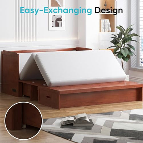 CECER Queen Size Murphy Bed with Tri-Folding Mattress，Murphy Bed with Charging Station and Two Large Storage Drawers for Small Spaces/Bedroom（Maroon）-Mattress Include CECER
