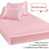 P Pothuiny 3-Piece Set Ruffle Satin Pillowcases & Twin Fitted Sheet, Luxury Blush Pink Satin Fitted Sheet Silky Soft Cute Bedding Bedroom Dorm Decor, Wrinkle Free, 15 Inch Deep Pocket P Pothuiny