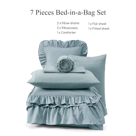 AMBERSPACE Queen Comforter Set Dusty Blue, Ruffle Shabby Chic Bedding Set Farmhouse 7 Pieces, All Season Fluffy Bed in a Bag with Sheets, Pillowcases & Shams AMBERSPACE