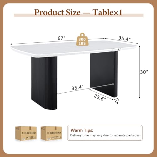 Ebullient White Marble Dining Table for 6–8, 67'' Modern Oval Kitchen Table with 3.5'' Thick White Marble-Patterned Tabletop and Matte Black Column Legs, Large Dining Room Table Ebullient
