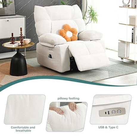 AISALL Power Swivel Rocker Recliner Chair Oversized for Adults, Electric Heated & Massage Chair Recliner with USB/Type-C, Fabric Nursery Recliner for Living Room,Bedroom, White AISALL