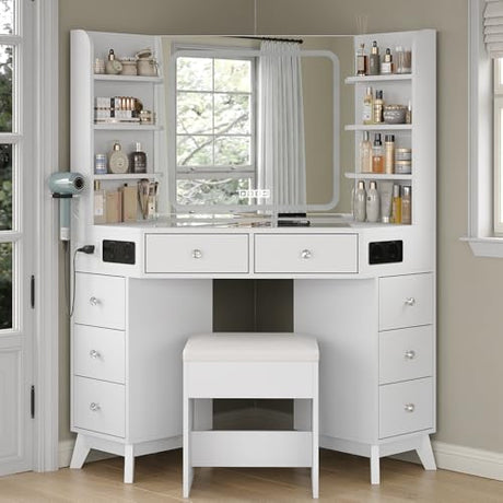 Yanosaku Corner Vanity Desk with Bluetooth Speaker, 8 Drawers & 6 Shelves, Makeup Vanity with Glass Top, Modern Vanity with Mirror and Lights, 3 Color Lighting Modes, Dressing Table for Bedroom, White Yanosaku
