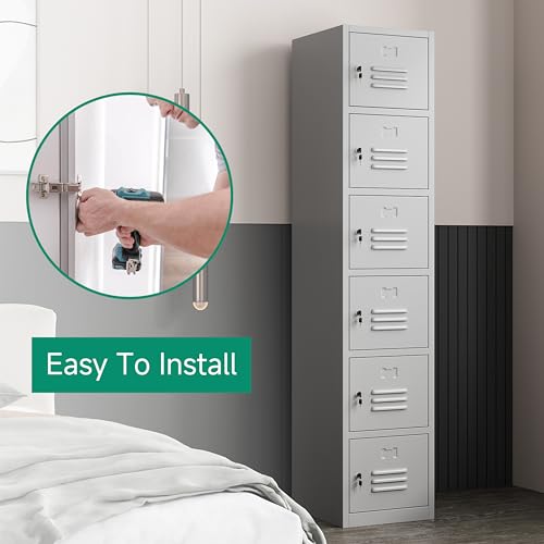 Kooyon 71" Metal Storage Cabinet with 6 Doors,Metal Lockers for Employees,Lockable Locker Cabinets for School, Gym, Home, Office Staff, Garage-Assembly Required(Gray) Kooyon