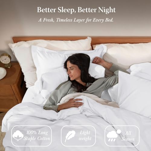 Threadmill White Duvet Cover Queen Size Bedding Set, Breathable Comforter Cover, Soft 3-Pc Cotton Queen Duvet Cover Set with 2 Pillow Shams, Strong Button Closure & Corner Ties, Fits Full Duvet Threadmill