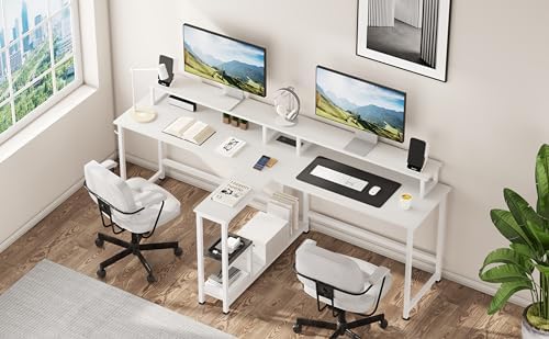 Mexin Double Desk for Two People - 83.7 Inch 2 Person Desk with Storage Shelves and Power Outlets, Home Office Desk with Monitor Stand, Long Gaming Desk, Large Work Desk, White - WoodArtSupply