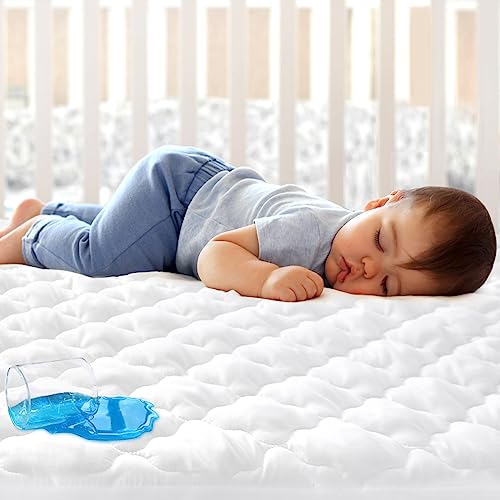 Crib Mattress Protector Sheets Fitted Waterproof Crib Mattress Pad Cover, Noiseless & Machine Wash 100% Absorbent Crib/Toddler Mattress Protector Sheet Quilted, White, 52" x 28" Biloban
