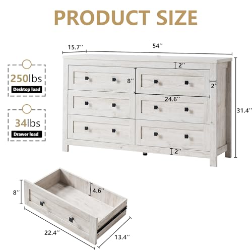 LUXOAK Farmhouse 6 Drawers Dresser, Wood Rustic Chest of Drawers for Bedroom, Closet Storage Dressers Organizer, 6 Drawers Chest for Living Room, Hallway, Rustic White LUXOAK