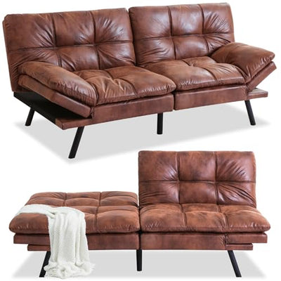 Opoiar, Modern Sleeper Sofa,Convertible Couch Bed,Memory Foam, Adjustable Armrest&Backrest,Faux Leather Futon Sets for Compact Living Spaces,Office Sofabed, Brown-002, SF-PU-002