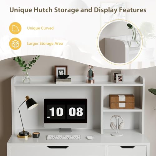 MaverickFurni White Desk with Hutch and Drawers, 53 Inch Computer Desk with Storage File Drawer, White Study Desk with 4 Drawers for Bedroom, Small Space MaverickFurni