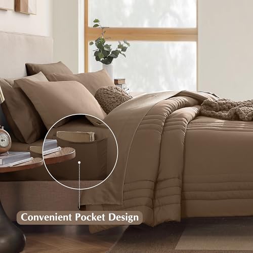 Monbix King Size Comforter Set - 7 Pieces Bed in a Bag King, Raw Umber Bedding Sets with Comforter, All Seasons Comforter Bed Set with Sheets, Pillowcases & Shams Monbix