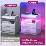 WelFurGeer High Glossy Night Stand, White LED Night Stand with Charger Station, Bedside Table with Drawers, Modern Nightstands, Wood Small Nightstand, Nightstands with Drawers for Bedroom WelFurGeer