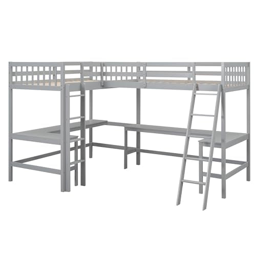Harper & Bright Designs L-Shaped Loft Bed with Desks, Wood Twin Size Loft Bed with Ladder & 2 L-Shaped Desks, Corner Twin Bed for Kids, Teens, Adults (Gray) Harper & Bright Designs