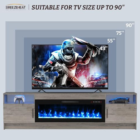 BREEZEHEAT Electric Fireplace TV Stand with 42 inch Fireplace Up to 90" TVs-Led Entertainment Center, High Glossy Doors-80 inch TV Cabinet，Modern Media Console for Living Room (Oak Grey) BREEZEHEAT