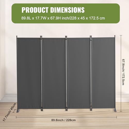 VEVOR Room Divider, 4 Panel Room Dividers and Folding Privacy Screens, Fabric Partition Room Dividers for Office, Bedroom, Dining Room, Study, Freestanding, Grey VEVOR