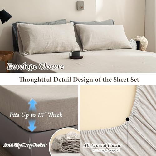 Simple&Opulence 100% Linen Sheets Full Size Set, 4 Pcs Natural French Linen Bed Sheets, Breathable Soft Durable Bedding Set for All Season (Linen, Full) Simple&Opulence