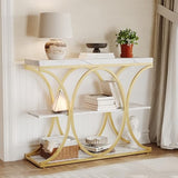 Garvee 39" Narrow Console Tables for Entryway, Industrial 3-Tier Sofa Table with Round Metal Base and Storage Shelves for Living Room, Hallway, Foyer, Gold and White Marble Garvee