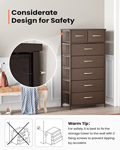 Pellebant Dresser for Bedroom with 7 Drawers, Tall Dresser Vertical Storage Tower, Sturdy Metal Frame, Fabric Storage Bins with Wooden Handle and Wooden Top, Organizer Unit for Closet/Hallway, Brown Pellebant