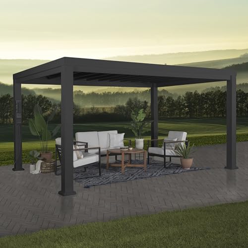 Backyard Discovery Trenton 14x12 All Season Galvanized Steel Pergola, Black, Sail Shade Soft Canopy, Rust Resistant, Support Wind and Snow, Patio, Deck, Backyard, Garden