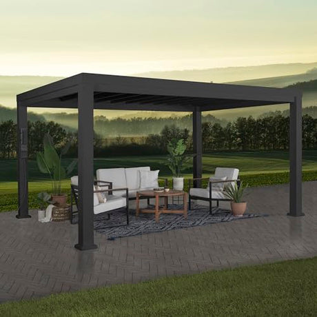 Backyard Discovery Trenton 14x12 All Season Galvanized Steel Pergola, Black, Sail Shade Soft Canopy, Rust Resistant, Support Wind and Snow, Patio, Deck, Backyard, Garden Backyard Discovery