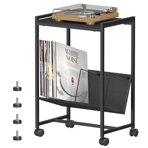 FANSXIVITA Record Player Table with Vinyl Storage,Black Small End Table Turntable Stand with Record Storage,Vinyl Record Player Stand,2 Tier Bed Side Table Modern Nightstand for Living Room Bedroom FANSXIVITA