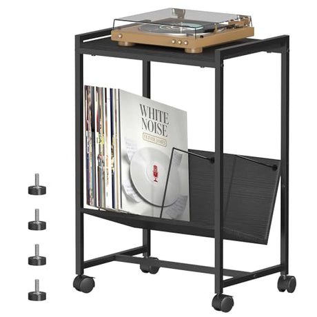 FANSXIVITA Record Player Table with Vinyl Storage,Black Small End Table Turntable Stand with Record Storage,Vinyl Record Player Stand,2 Tier Bed Side Table Modern Nightstand for Living Room Bedroom FANSXIVITA