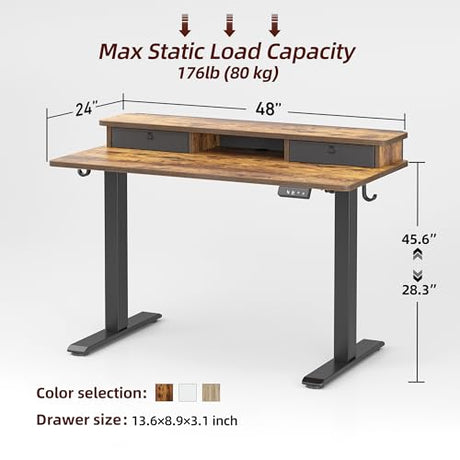 TIQLAB Standing Desk with Two Drawers, Stand Up Standing Desk Adjustable Height, Electric Sit Stand Table with Storage Shelf and Splice Board, 48 * 24 inch, Rustic Brown TIQLAB
