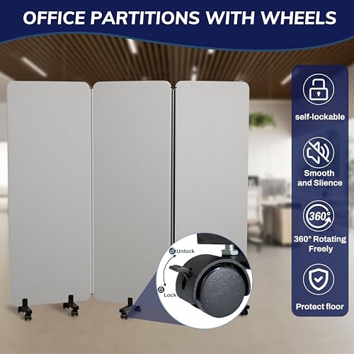 KERRAM 3 Panel Foldable Office Partitions, Mobile Cubicle Wall with Wheels, 71 x 66 Inch Noise Cancelling & Sound Proof Room Dividers Partition Wall, Aluminum Frame Gray KERRAM