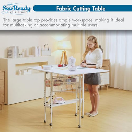 Sew Ready Folding Sewing Craft Table with Storage, Adjustable Height Cutting Desk with Drawers and Wheels for Quilting, Fabric, and Hobby Room, White Sew Ready