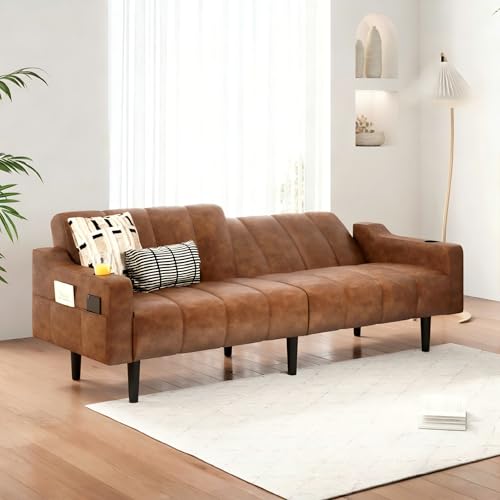 Chfeloai 80'' Futon Sofa Bed,Faux Leather Futon Sleeper Sofa, Convertible Loveseat with Adjustable Sofa Backrest,Modern Couches for Living Room, Bedroom, Apartment, Office (Dark Brown) Chfeloai