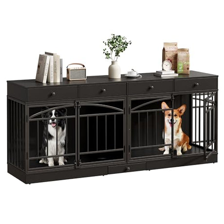 GarveeHome Dog Crate Furniture for 2 Dogs, Dog Kennel Indoor with 4 Storage Drawers and Feeding Bowls, Double Dog Crate TV Stand for Small Medium Dogs, Black GarveeHome