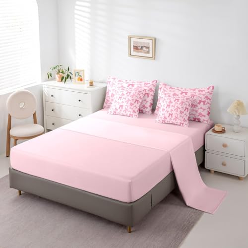 Erosebridal Pink Bowknot Kids Bedding Sets Queen Size, Dreamy Princess Style Comforter Set Cartoon Bow Tie Kawaii Sheet Set with Comforter for Girls Boys Children Women, Cartoon Bow Knot Bed in A Bag Erosebridal