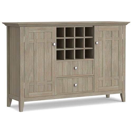 SIMPLIHOME Bedford Solid Pine Wood 54 inch Rustic Sideboard Buffet Credenza in Distressed Grey features 2 Doors, 2 Drawers and 2 Cabinets with 12 Bottle Wine Storage Rack - WoodArtSupply