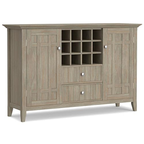 SIMPLIHOME Bedford Solid Pine Wood 54 inch Rustic Sideboard Buffet Credenza in Distressed Grey features 2 Doors, 2 Drawers and 2 Cabinets with 12 Bottle Wine Storage Rack SIMPLIHOME
